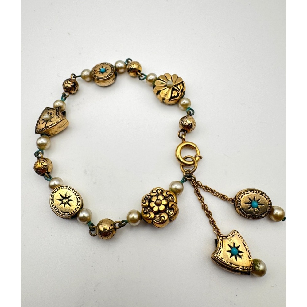 Vintage Victorian Revival Bracelet Charm Faux Pearl Blue Shield Floral Gold Tone